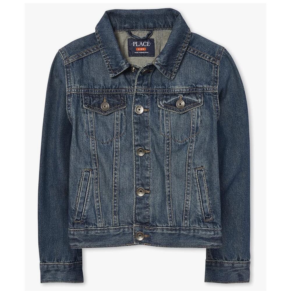 The Children's Place Boys Blue Jean Denim Jacket Silver Buttons Distressed Sz XL